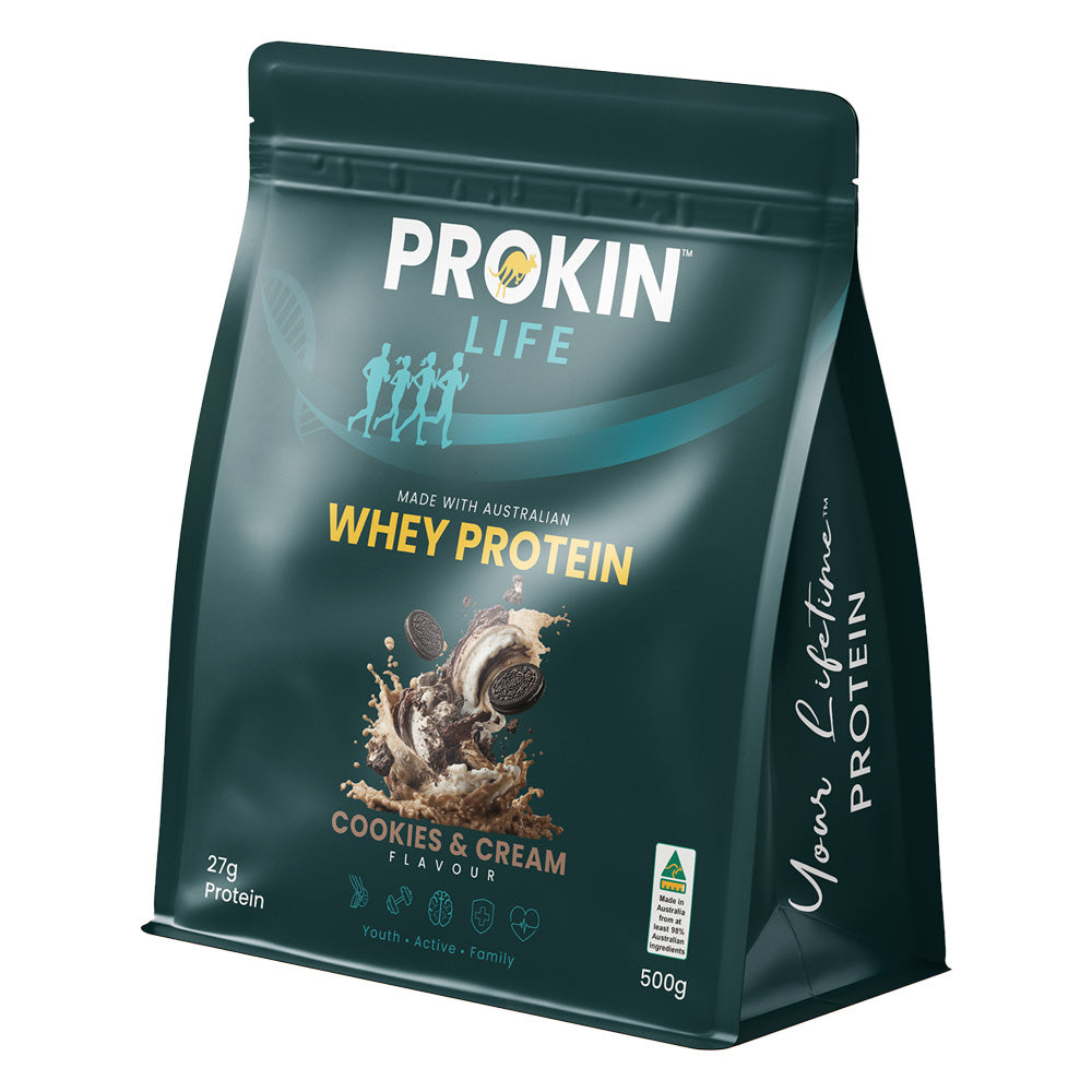 Prokin Life cookies and cream whey protein powder Australian made.