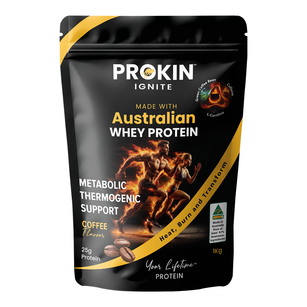 Prokin Ignite coffee flavoured protein powder for energy and muscle support.