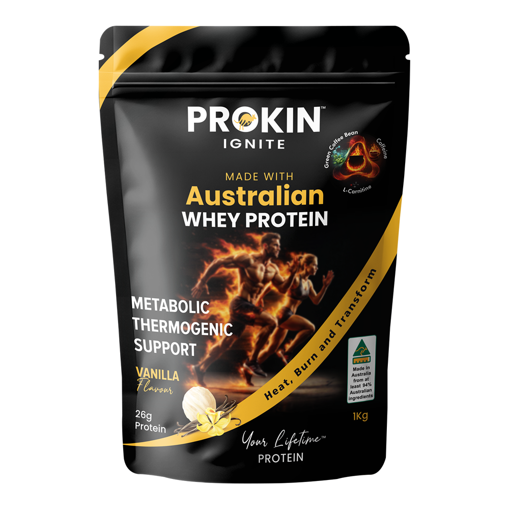 Prokin Ignite vanilla protein powder for muscle gain and recovery.