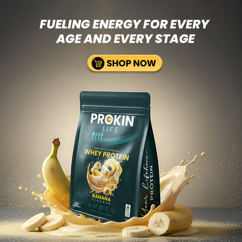 Prokin Life whey protein package with banana slices and protein powder on a dark background