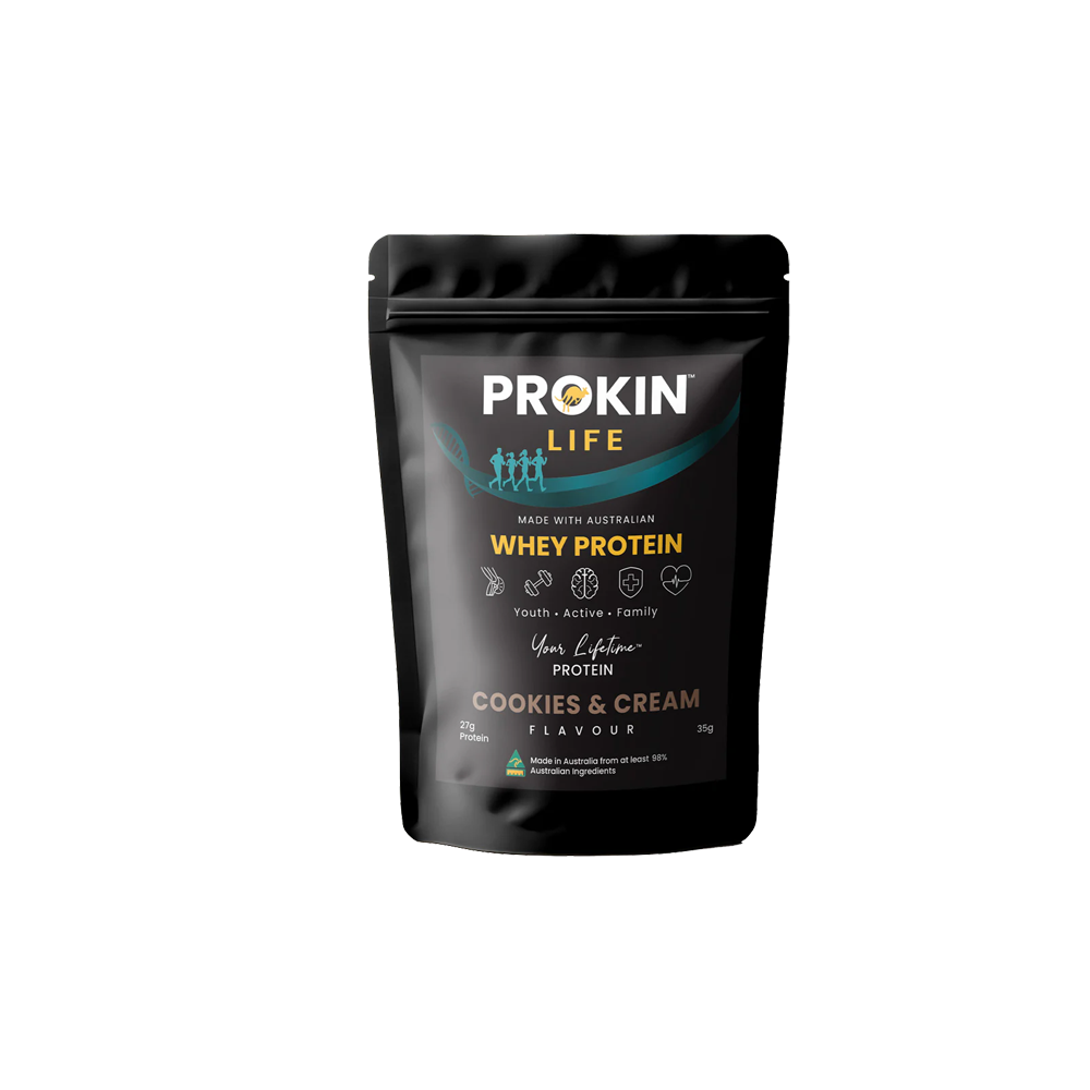 Prokin Life cookies and cream whey protein powder front packaging