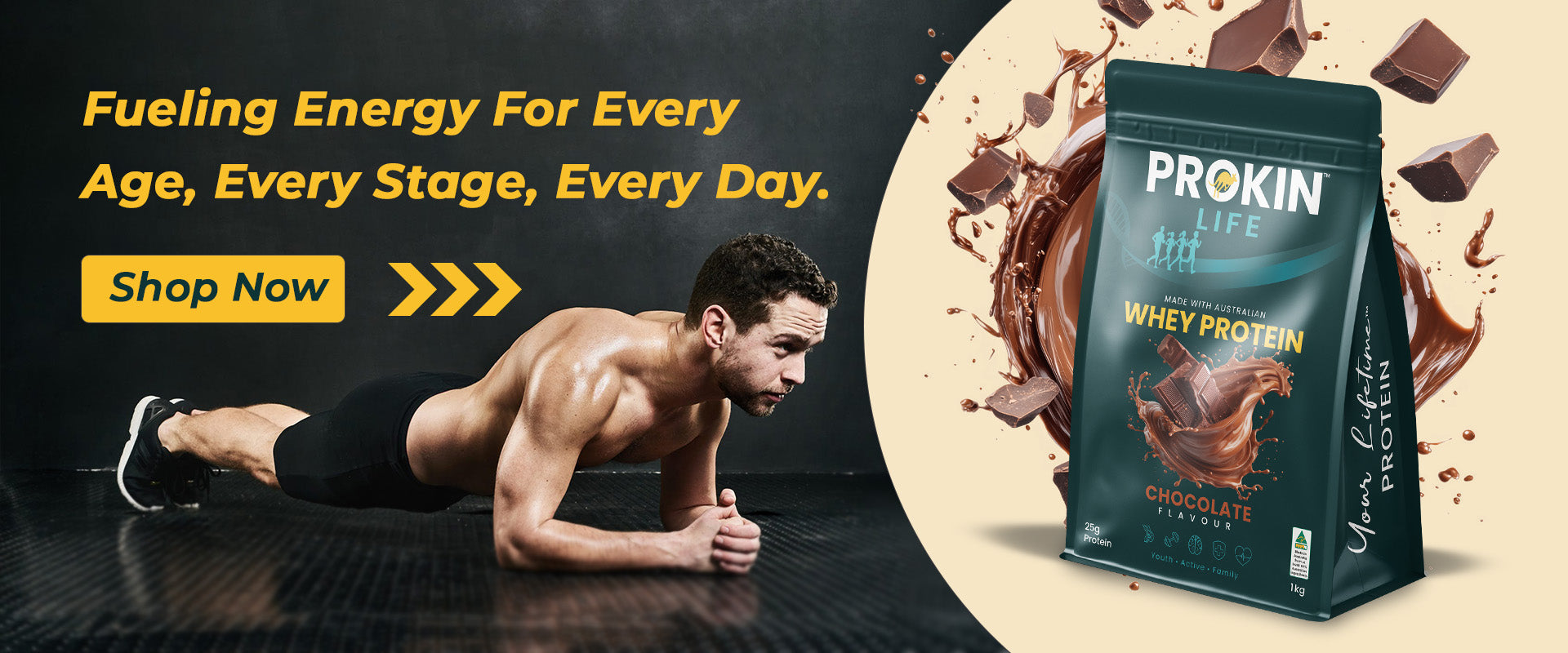 Prokin chocolate whey protein promotional webasite graphic 
