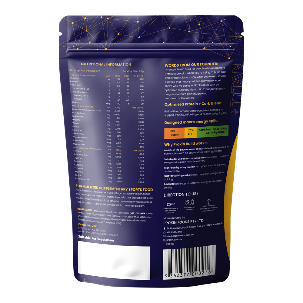 Prokin Build chocolate protein powder nutrition facts and ingredients label
