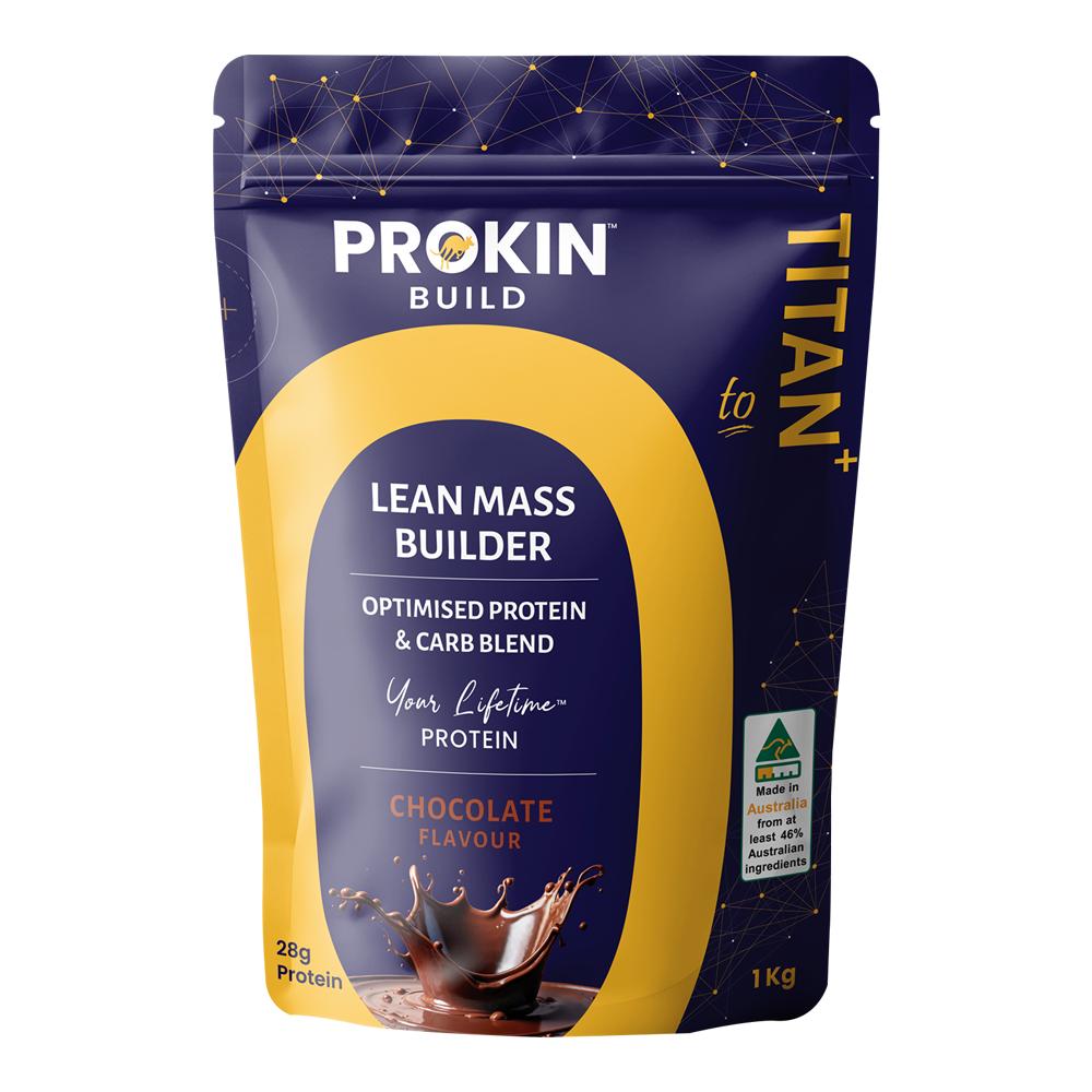 Prokin Build chocolate whey protein powder for lean muscle growth.
