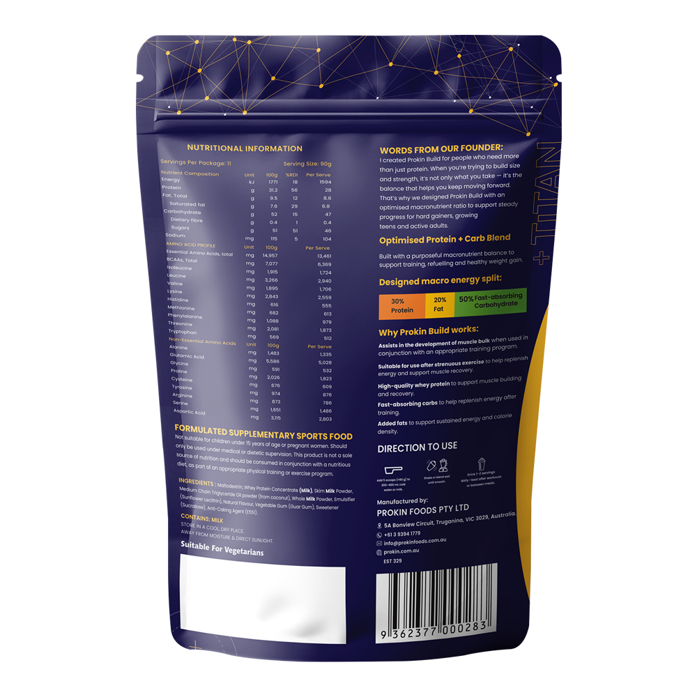 Prokin Build vanilla protein powder nutrition facts and ingredients label