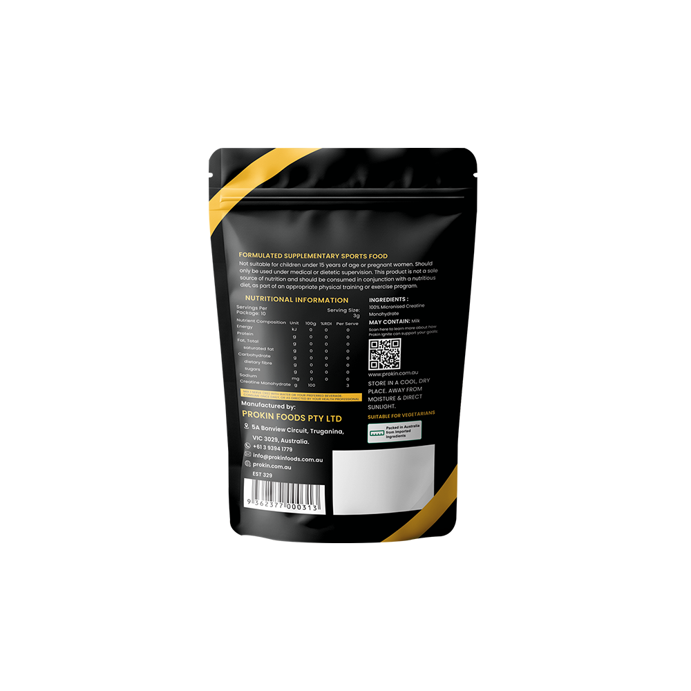 Prokin Ignite creatine monohydrate nutrition facts and supplement label
