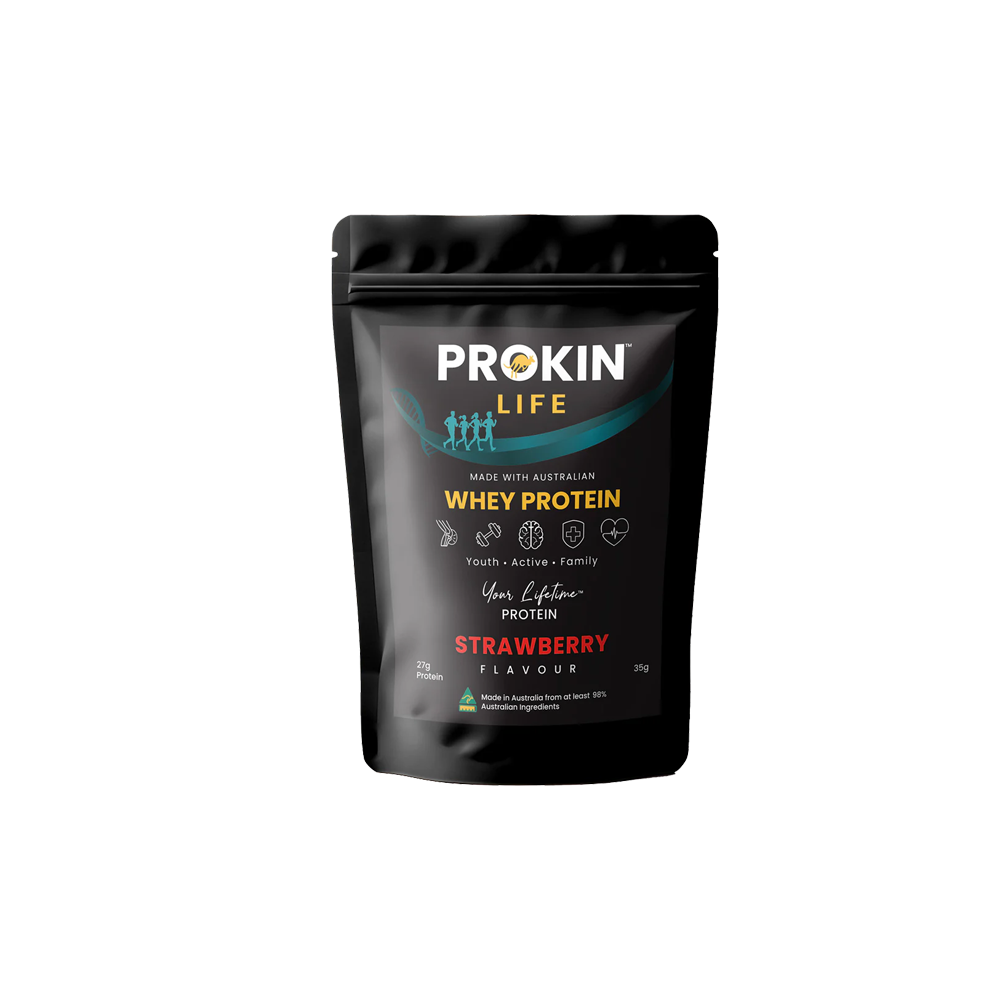 Prokin Life strawberry whey protein powder front packaging
