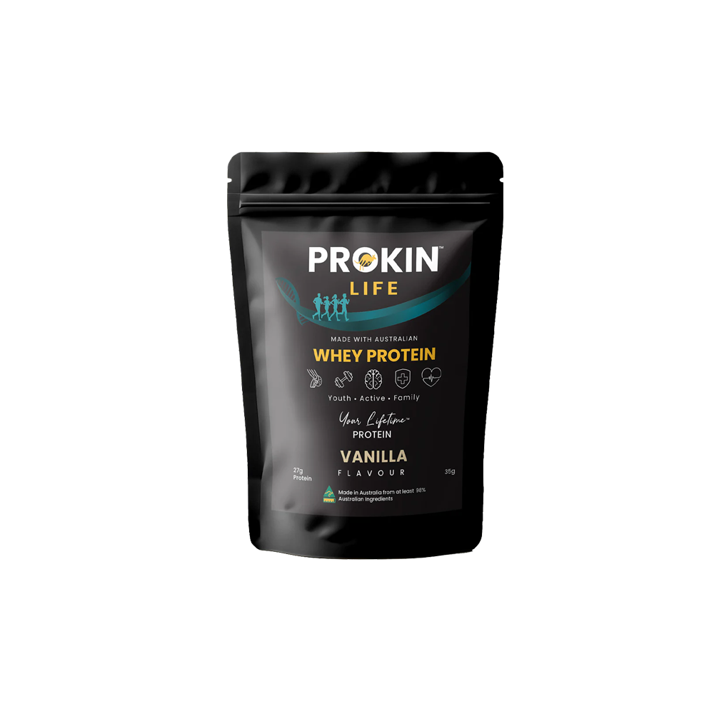 Prokin Life vanilla whey protein powder front packaging