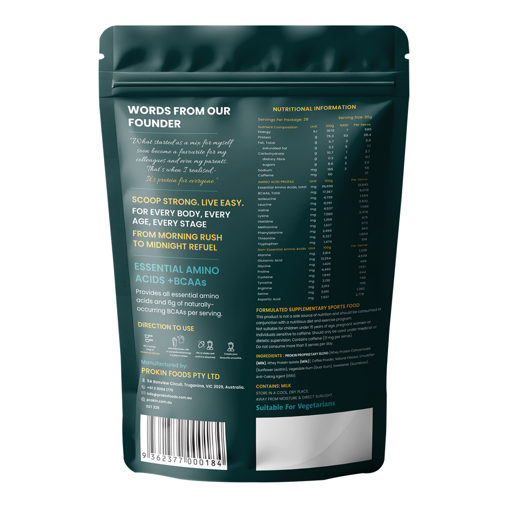 Prokin coffee whey protein nutrition facts and supplement label