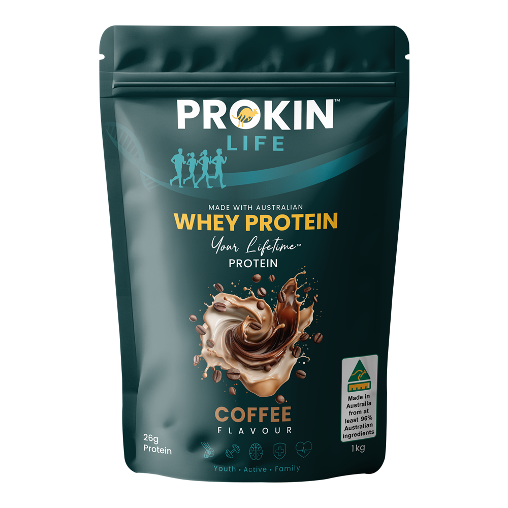 Prokin coffee flavoured whey protein powder for workout recovery.