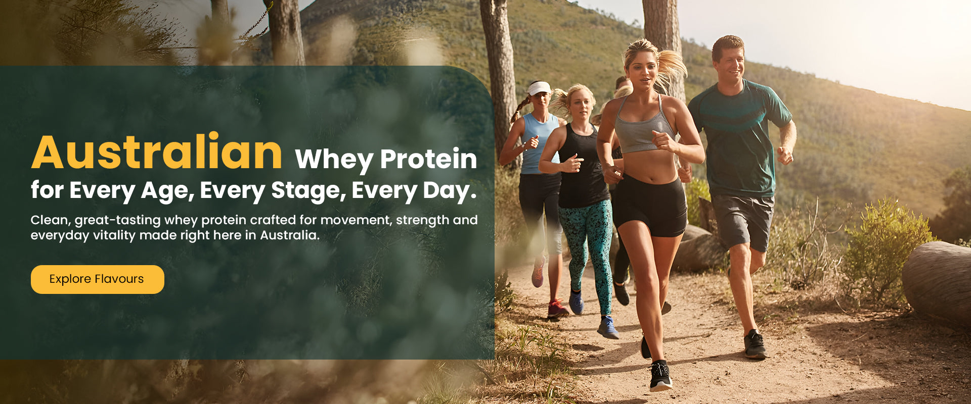 Group of people running on a trail with promotional text for Australian whey protein.